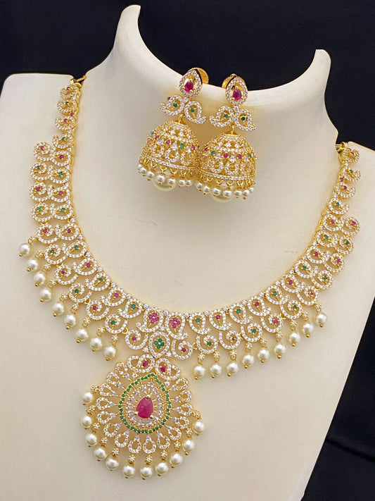 American diamond Gold CZ stone pearl choker Jhumka set|South Indian jewelry Guttapusalu necklace| Indian wedding Jewelry| Unique choker set
