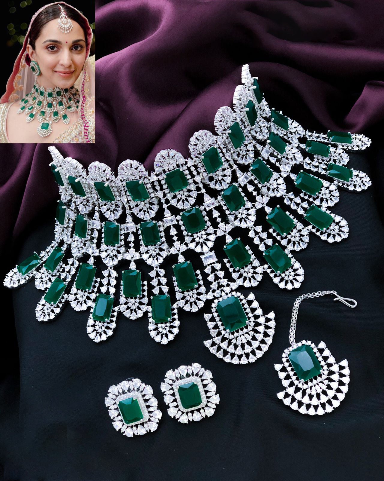 Kiara Advani Wedding Choker Necklace|Bollywood Wedding Jewelry|Emerald CZ Diamond Necklace|Green stone Statement American diamond Bridal set