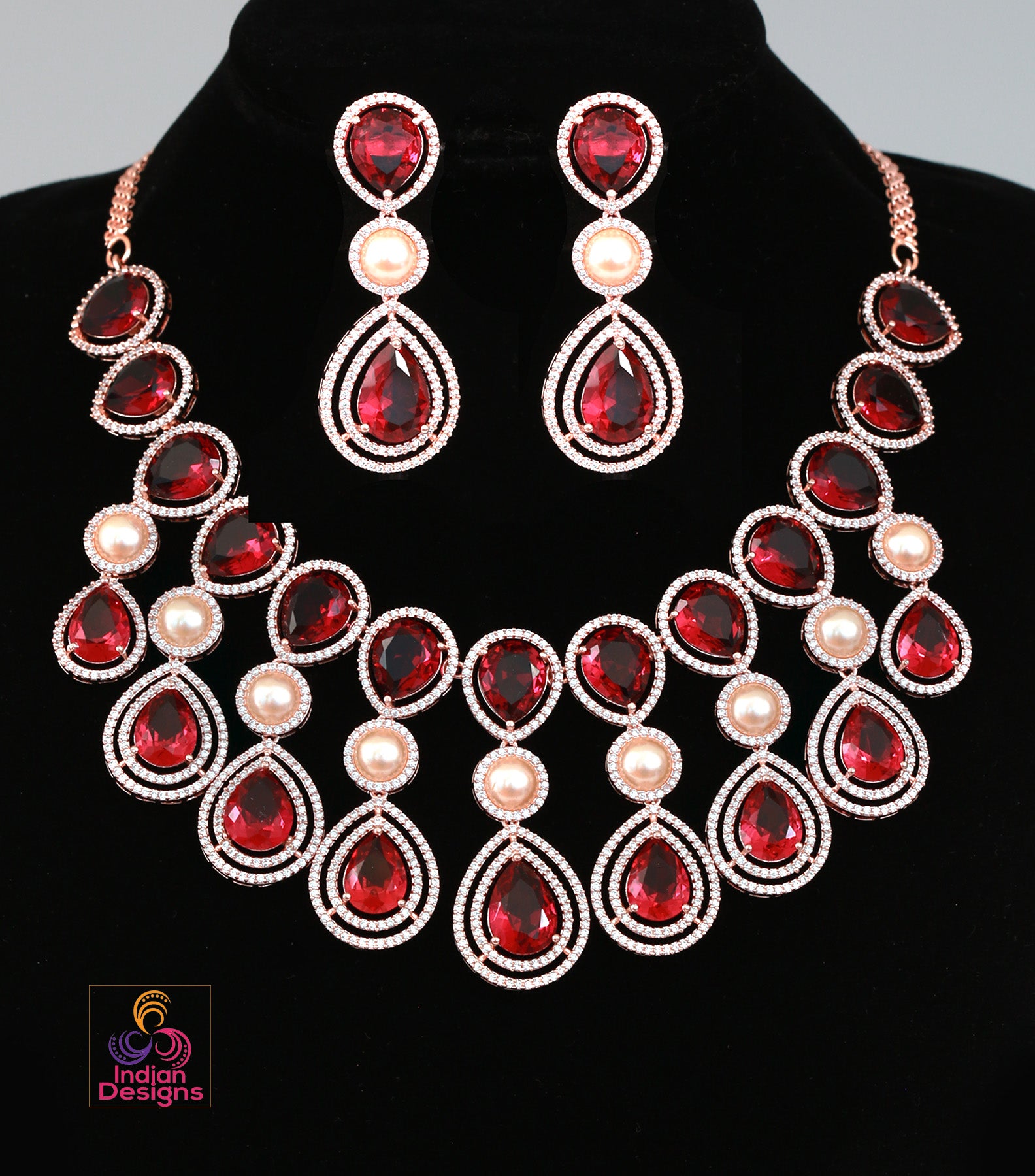 Red American Diamond Necklace Jewellery Set For Wedding - Zakarto