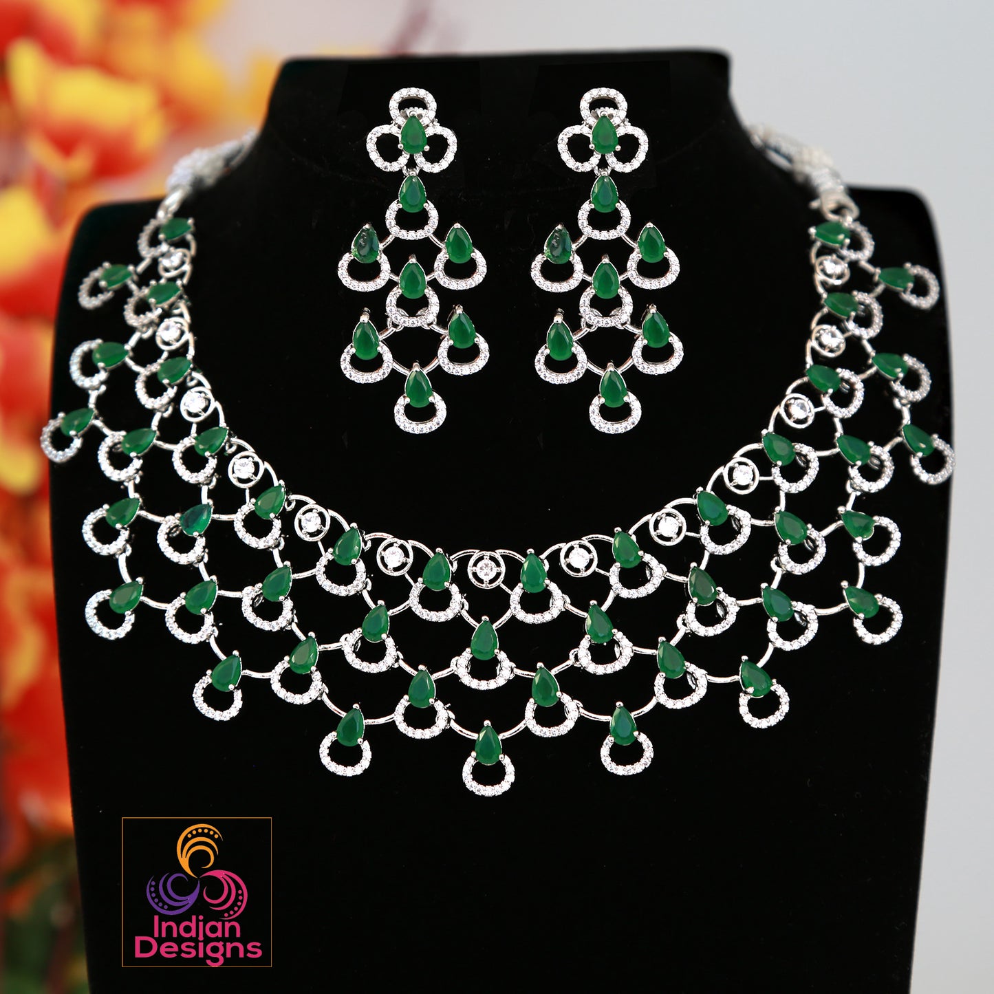 Silver American diamond choker Necklace|Tear Drop CZ Emerald stone necklace|Bollywood Indian,Pakistani Wedding  bridal necklace|Gift for her