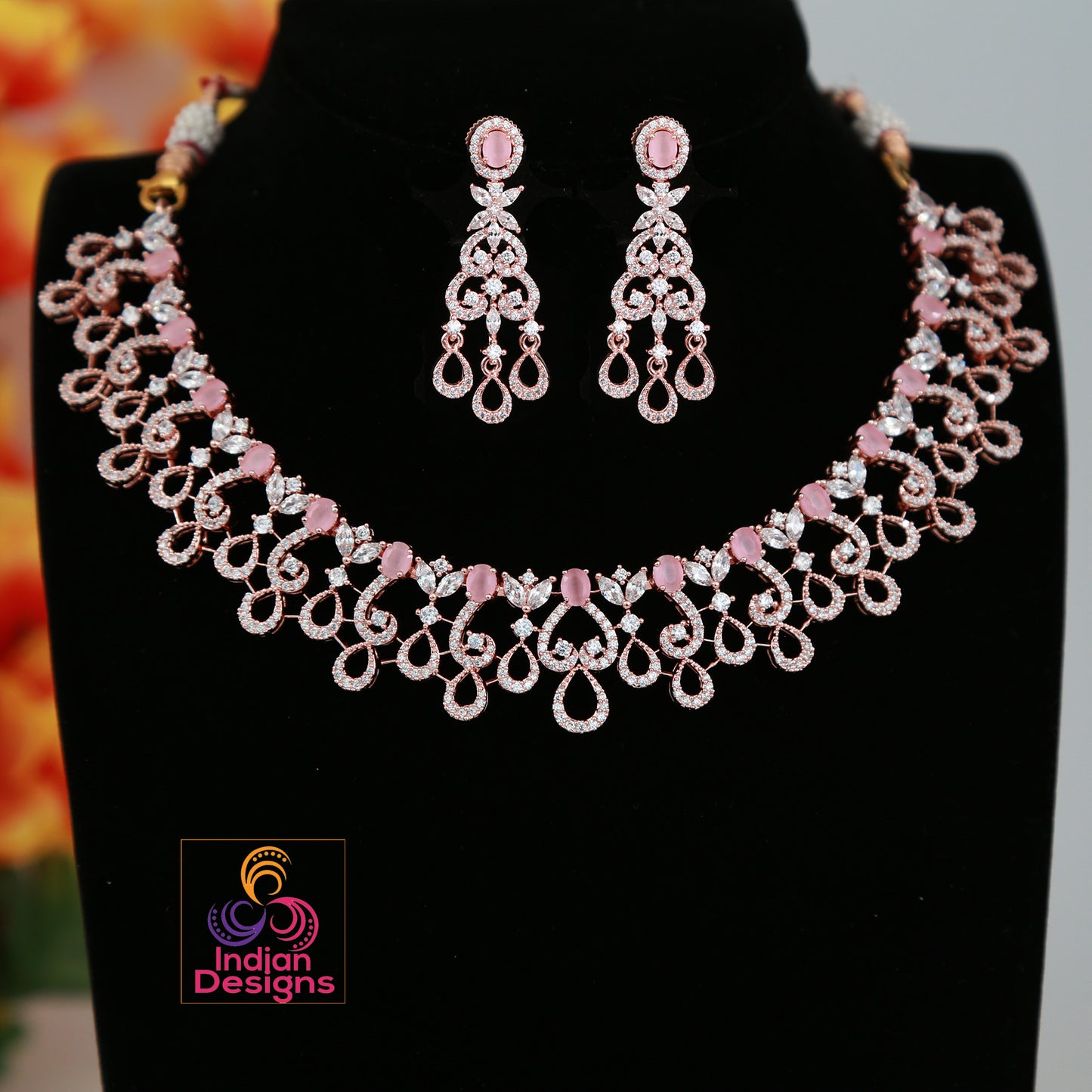 Pink American Diamond Necklace set with Earrings - Wedding Gift