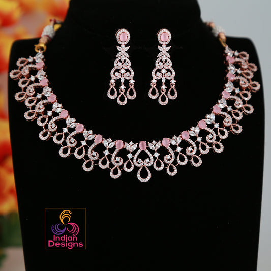 American Diamond rose gold set|Pink Diamond Luxury look CZ Diamond Choker Necklace|Indian Wedding jewelry |Bollywood bridal set|Gift for her