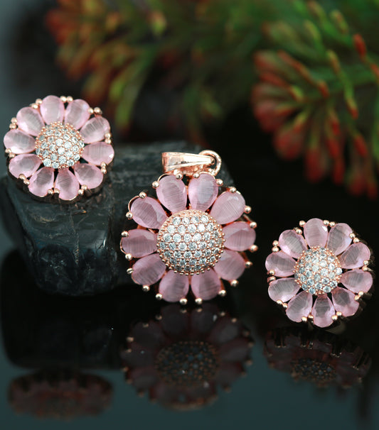 Rose Gold American Diamond Pendant Earring set| Light Pink flower shaped circle Pendant Necklace | Daily wear jewelry | Perfect Gift for her