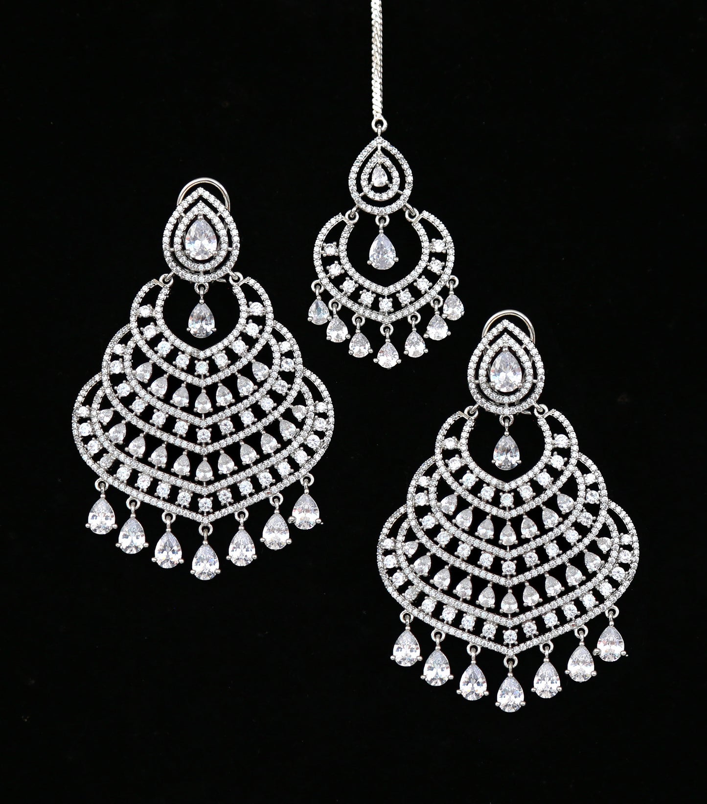 Silver American Diamond Chandbali Earring Tikka set|Indian Jhumka Earrings|Pakistani Indian Chandbali tikka set