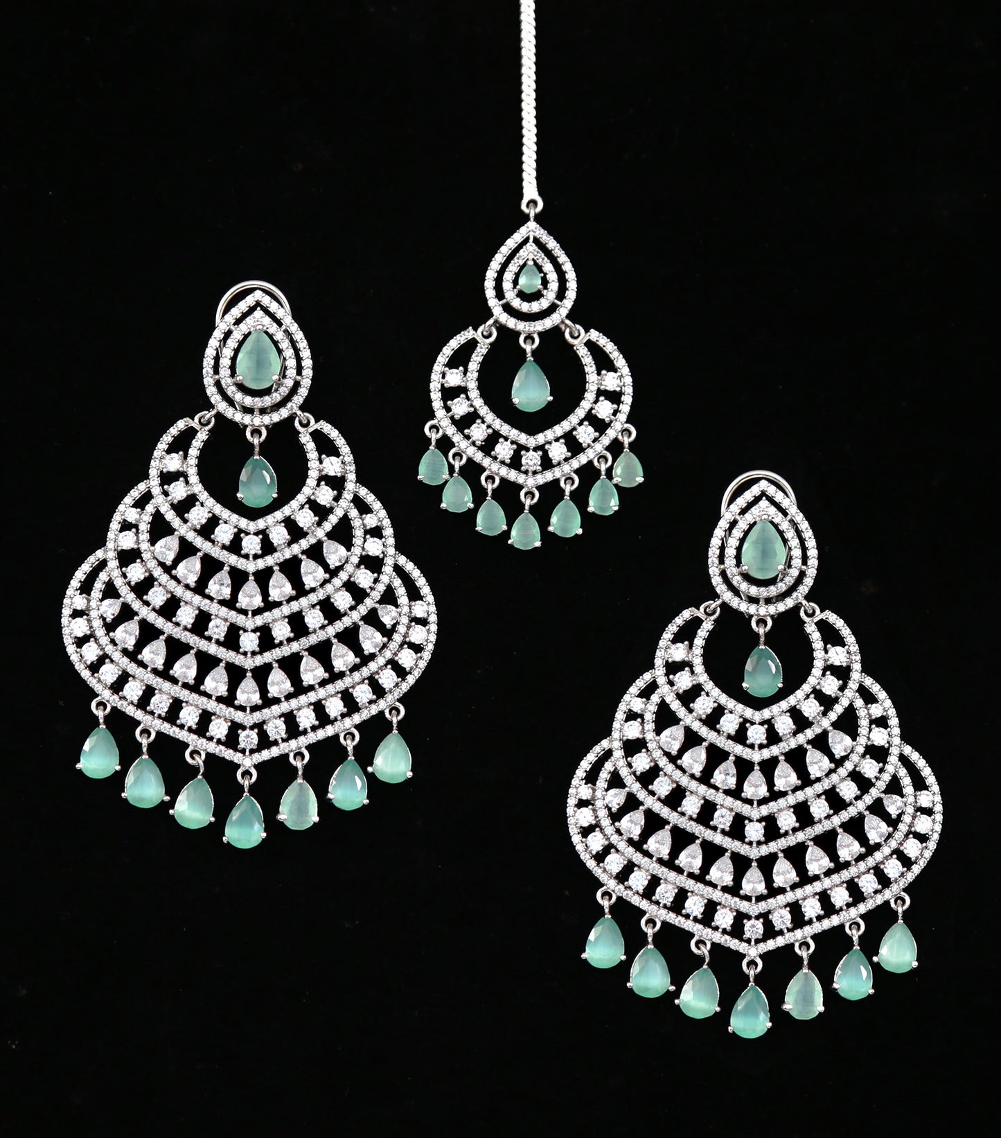 Silver American Diamond Chandbali Earring Tikka set|Indian Jhumka Earrings|Pakistani Indian Chandbali tikka set