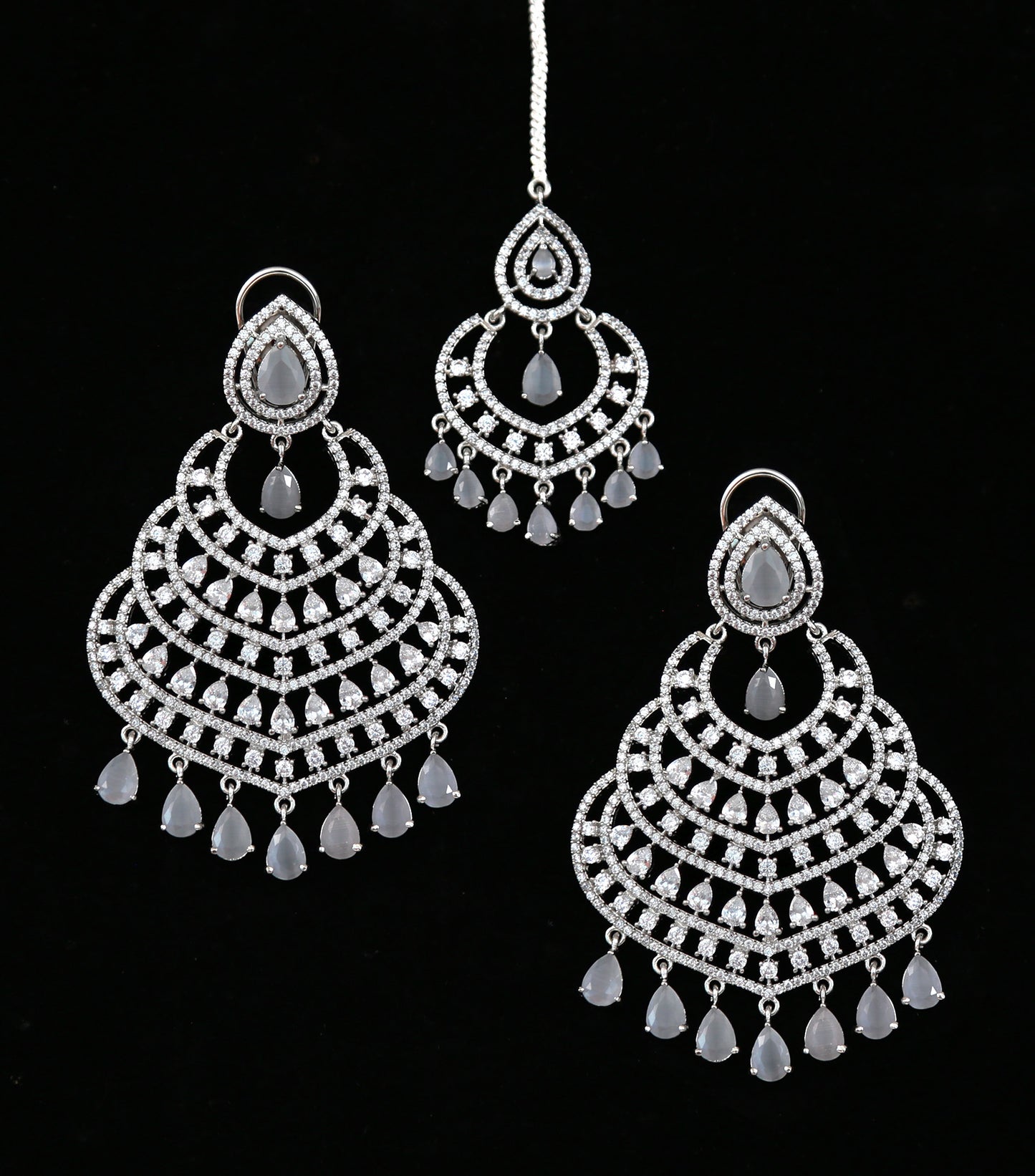 Silver American Diamond Chandbali Earring Tikka set|Indian Jhumka Earrings|Pakistani Indian Chandbali tikka set