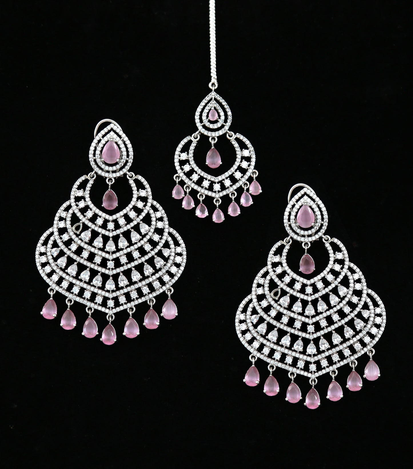 Silver American Diamond Chandbali Earring Tikka set|Indian Jhumka Earrings|Pakistani Indian Chandbali tikka set