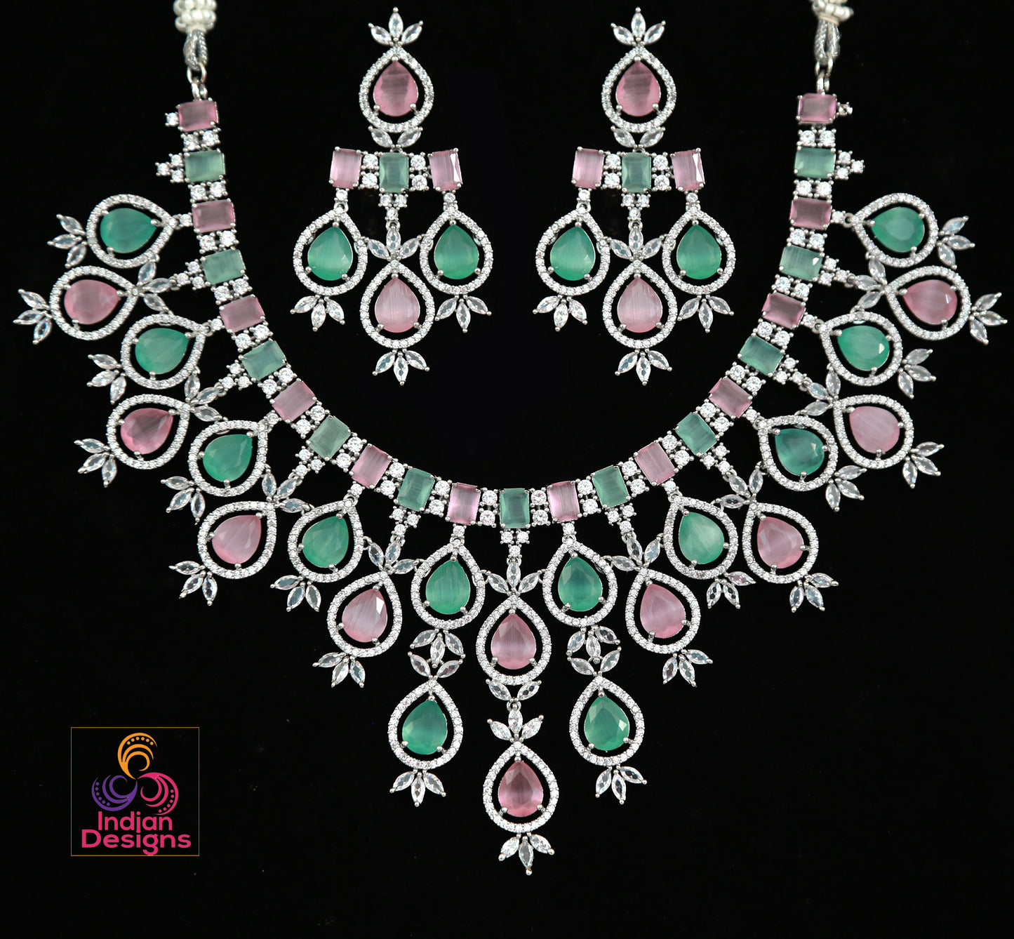 Pink Mint Tear drop stones American Diamond Necklace|Silver Necklace CZ Tear Drop stones|Indian Jewelry|Pakistani Wedding choker|Bollywood fashion|Punjabi Wedding jewelry|Indian Bride USA