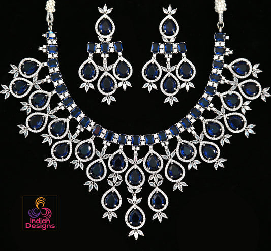 Sapphire Blue CZ Ad Bridal Necklace|Indian Jewelry|Pakistani Wedding choker|Bollywood fashion|Punjabi Wedding jewelry|Indian Bride USA