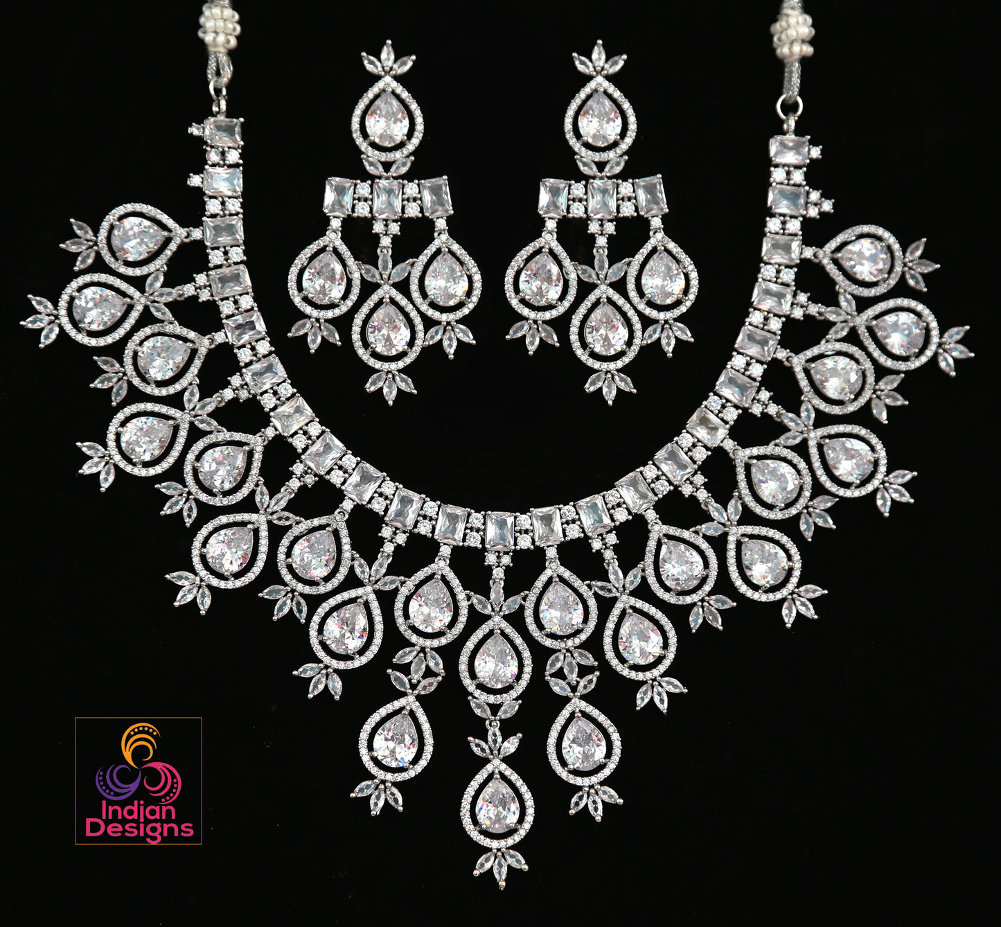 Silver American Diamond Necklace with White CZ Tear Drop stones|Indian Jewelry|Pakistani Wedding choker|Bollywood fashion|Punjabi Wedding jewelry|Indian Bride USA