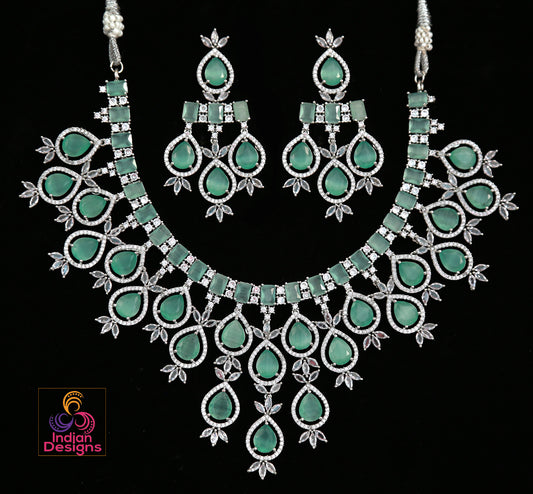 Silver American Diamond Mint Green Necklace Earrings|Indian CZ stones Necklace|Pakistani Bridal Jewelry|Gift for her