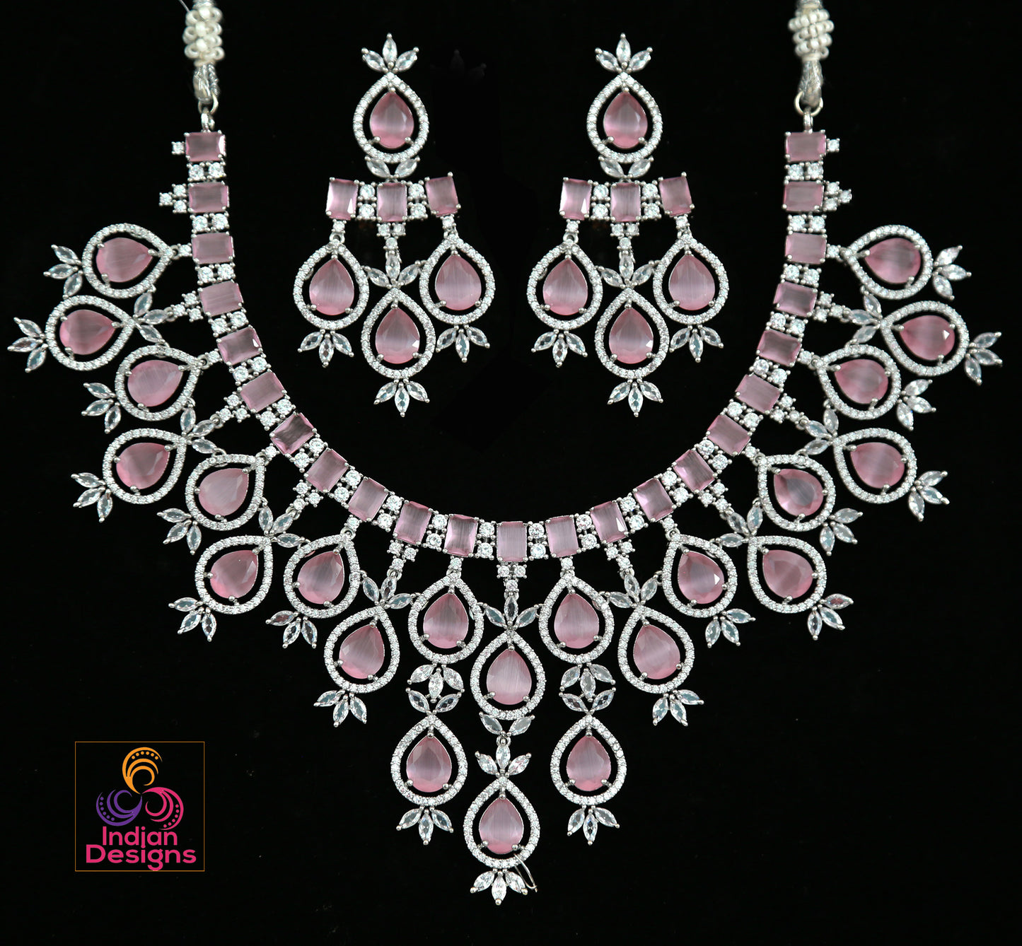 Baby Pink CZ Diamond Necklace|American Diamond Wedding Jewelry|Punjabi wedding Necklace|Pakistani Jewelry|Gift for her