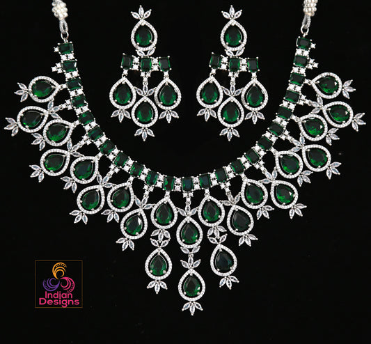 Emerald Green Silver American Diamond necklace|Indian Wedding jewelry|Silver necklace cz ad necklace|Bollywood Bridal Indian