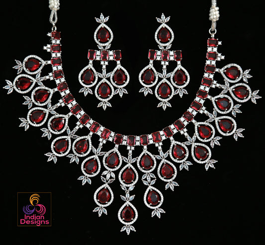 Ruby CZ Diamond Necklace|American Diamond Wedding Jewelry|Punjabi wedding Necklace|Pakistani Jewelry|Gift for her