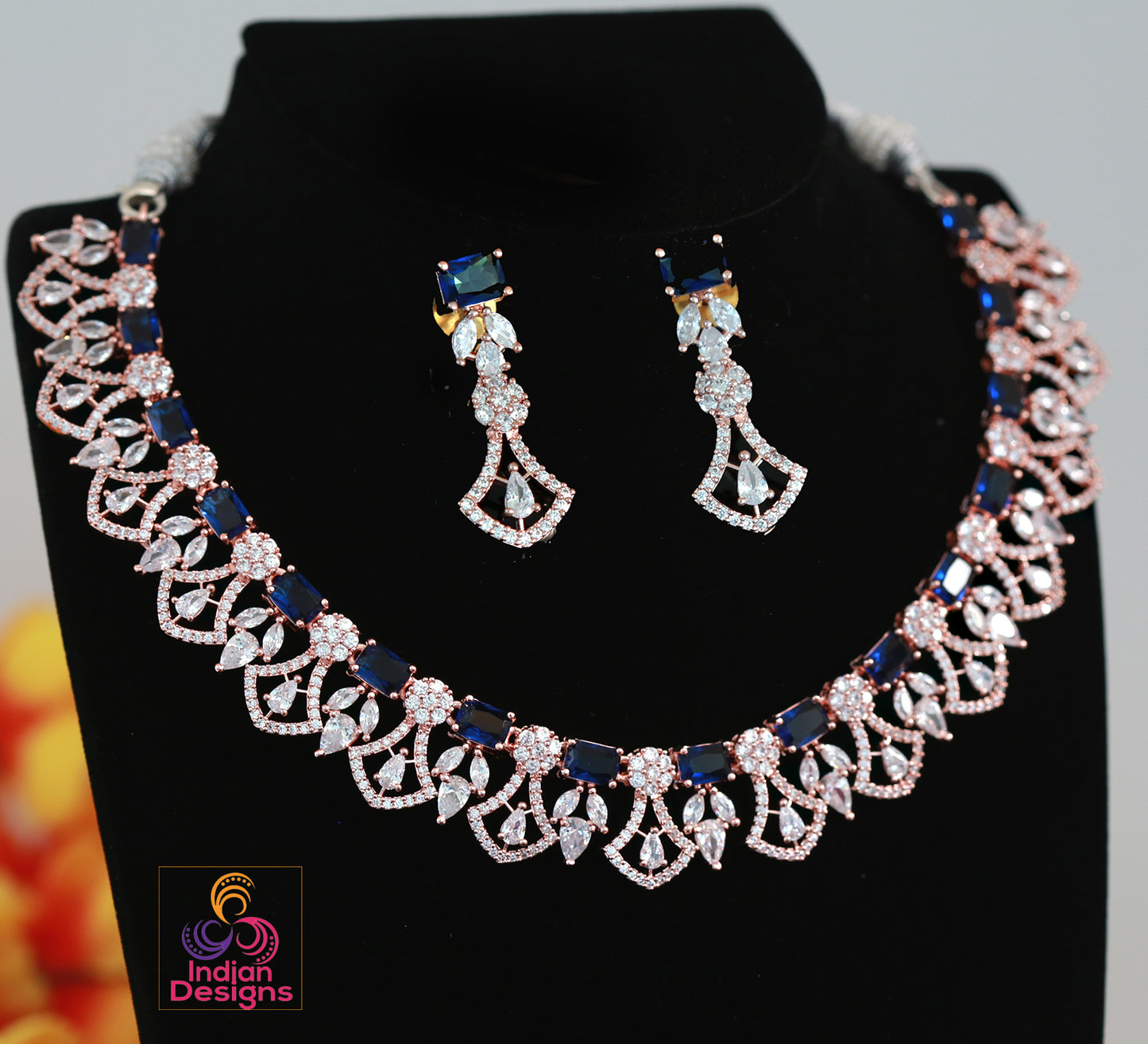 Rose gold American diamond necklace set | Crystal mint green Jewelry | Blue stone bridal wedding necklace | Pink Diamond Statement Necklace