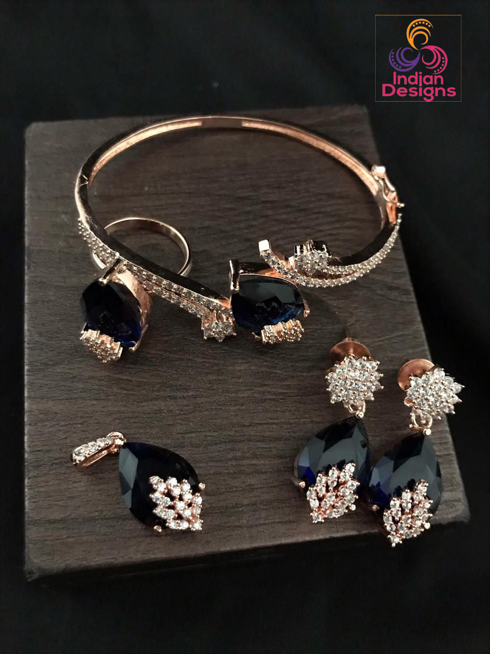 Earrings, ring, Pendant and Bracelet combo | Rose Gold Jewelry set | American Diamond CZ stone Jewelry Gift set for Her | CZ bangle set