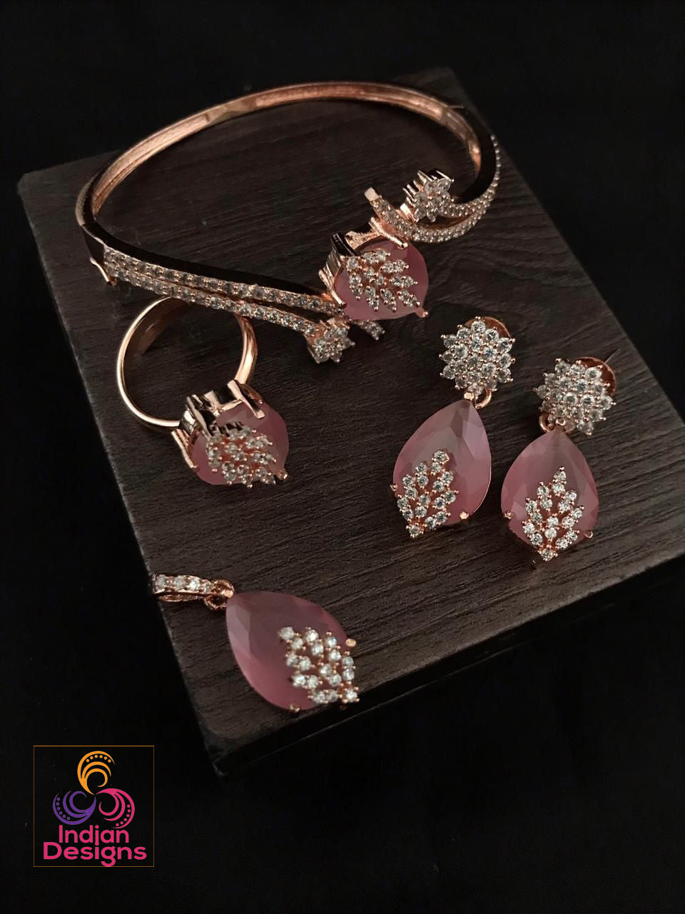 Earrings, ring, Pendant and Bracelet combo | Rose Gold Jewelry set | American Diamond CZ stone Jewelry Gift set for Her | CZ bangle set