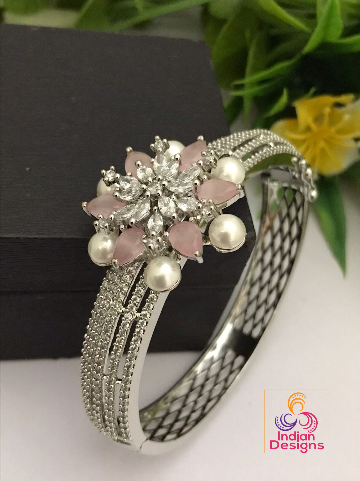 American diamond kada bangle bracelet | CZ stone bangles Silver | Hand Crafted Openable bangles | AD pearls Kada bangle with Floral Design