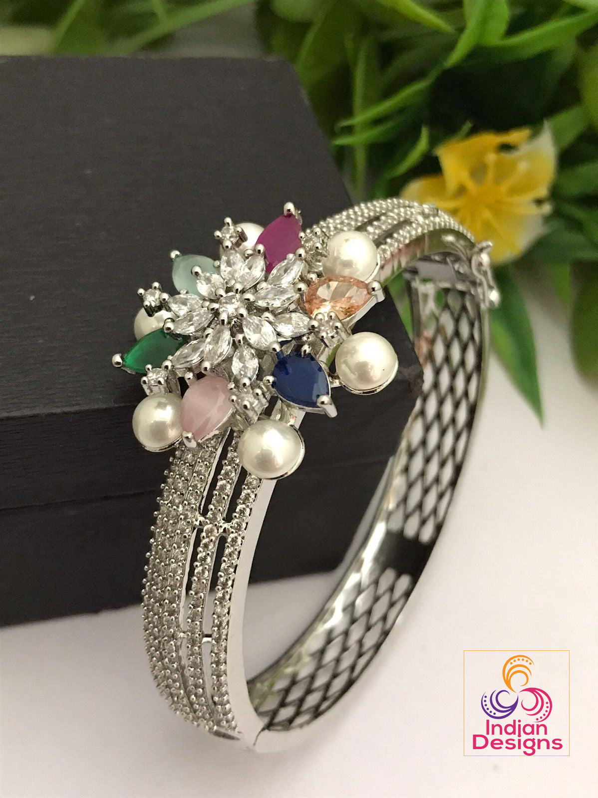 American diamond kada bangle bracelet | CZ stone bangles Silver | Hand Crafted Openable bangles | AD pearls Kada bangle with Floral Design