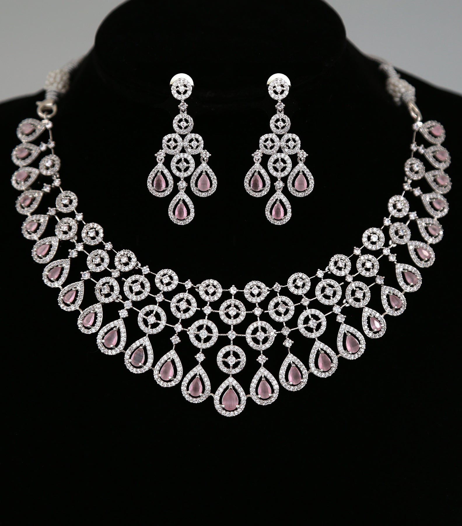 Exclusive Rhodium CZ American Diamond Wedding Choker Necklace, Tear Drop  Pink Diamond AD Choker set, Indian Pakistani style Wedding jewelry