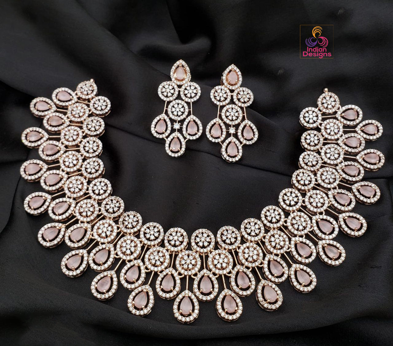 Luxury Gold plated American Diamond Wedding choker set | CZ AD necklace set rose gold Polish | Tear-drop indian wedding bridal jewelry sets