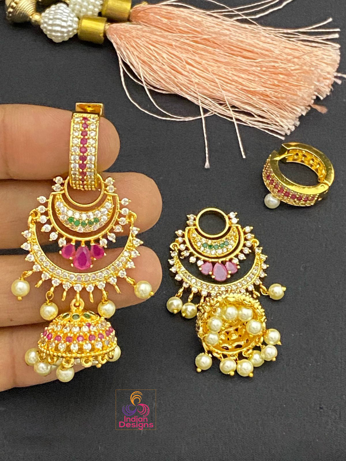 Gold Plated chandbali Jhumka Earrings | American Diamond CZ Bridal bali jhumka earrings | Bridal earrings for indian wedding | Jhumka jhumki