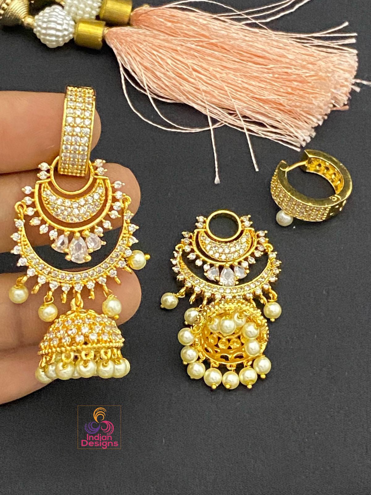 Gold Plated chandbali Jhumka Earrings | American Diamond CZ Bridal bali jhumka earrings | Bridal earrings for indian wedding | Jhumka jhumki