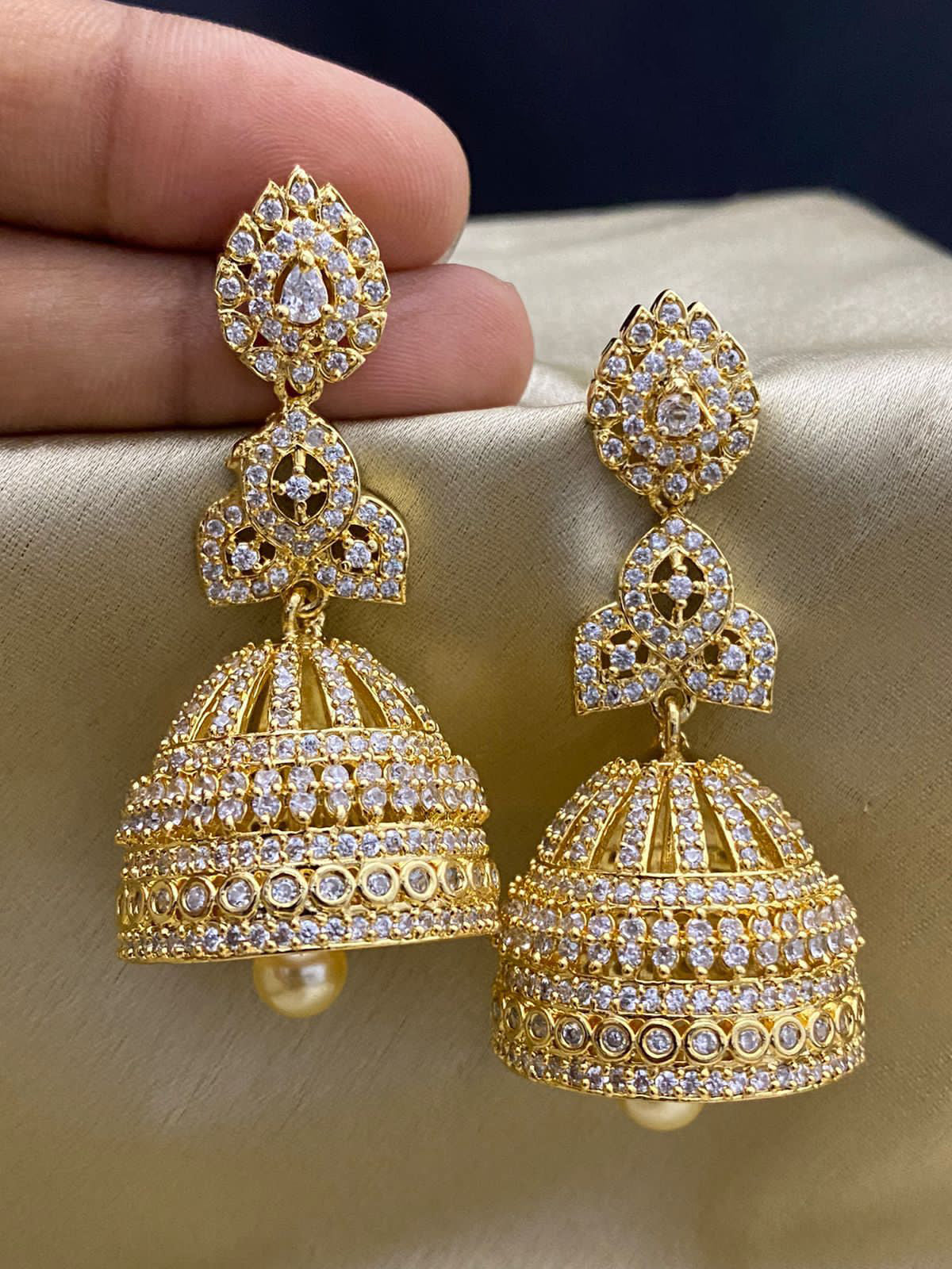Gold Plated AD stone Big Jhumka Earrings | Latest Designs American Diamond Emerald Ruby stone Jhumka Jhumki