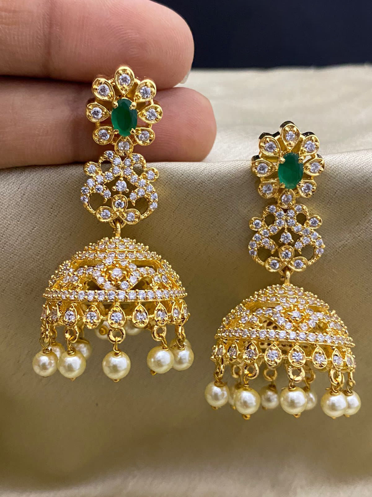 American Diamond Gold Polish Jhumka Earrings