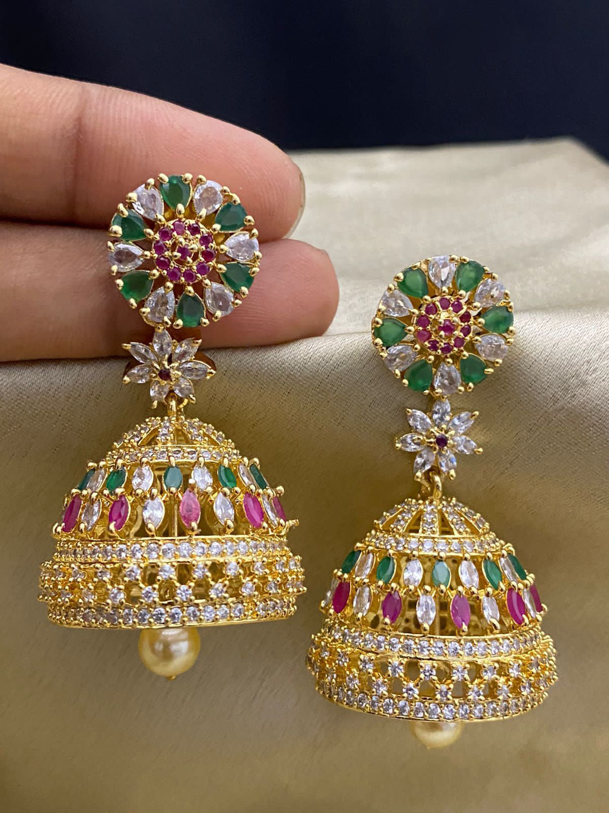 Multi stone Gold Jhumka Earrings | Ruby emerald and white stone pearl drop Jhumka