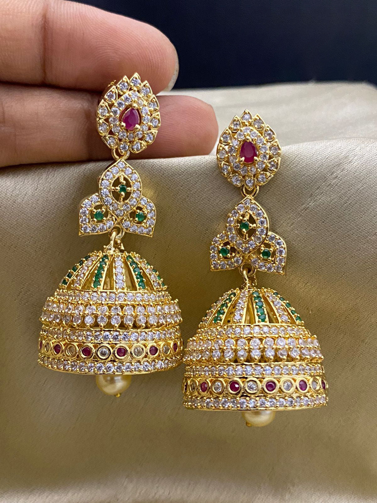 Gold Plated AD stone Big Jhumka Earrings | Latest Designs American Diamond Emerald Ruby stone Jhumka Jhumki