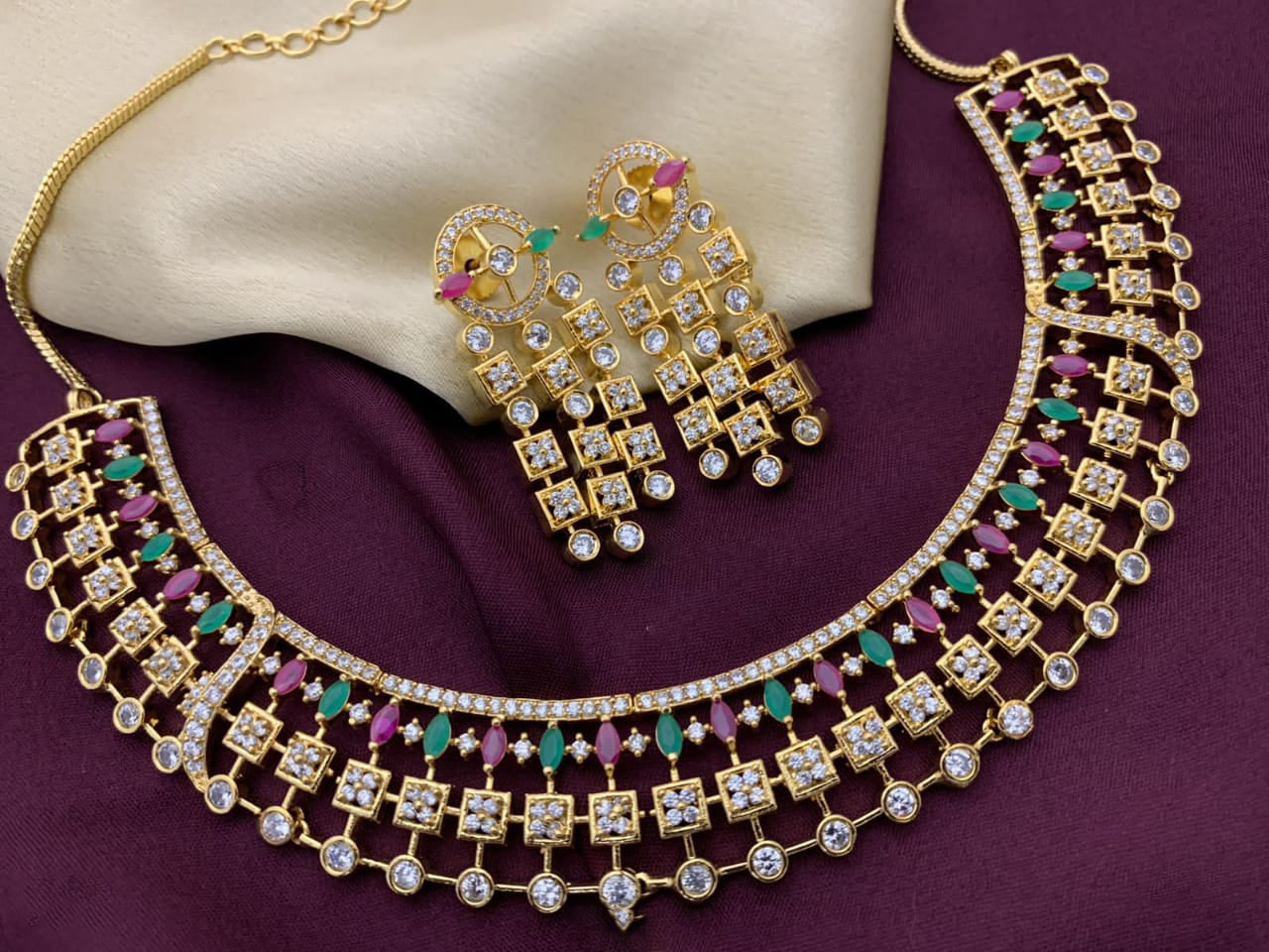 High quality Gold Plated choker necklace with Emerald ruby & White stones