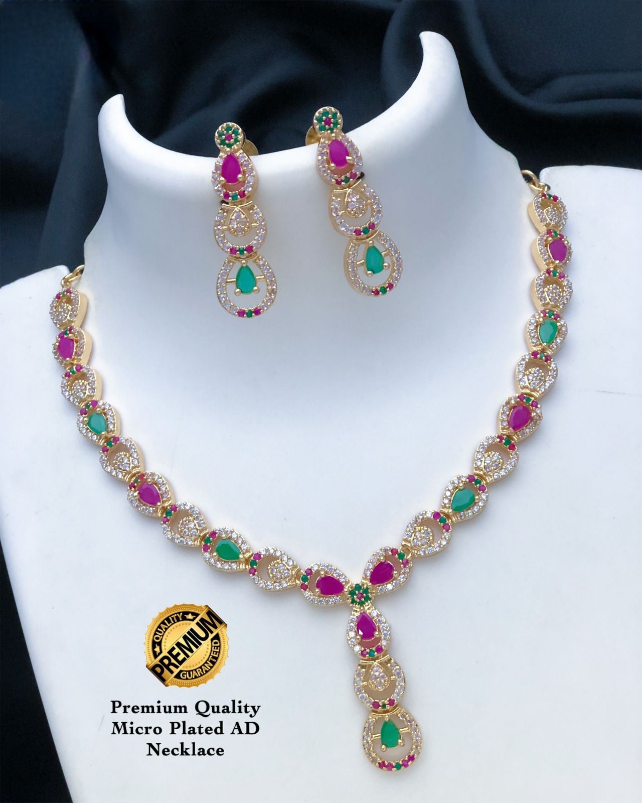 Cute Designer American Diamond Ruby Emerald Necklace earring set|One Gram gold Unique design CZ AD necklace Indian jewelry| Gift for her