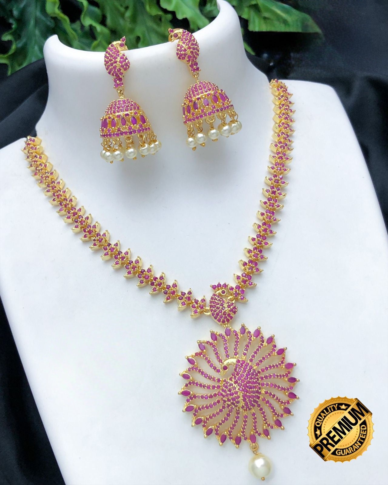 Gold plated American Diamond Dancing Peacock Pendant Necklace Jhumka Earring set|South Indian jewelry|AD necklace set| Ruby Emerald jewelry