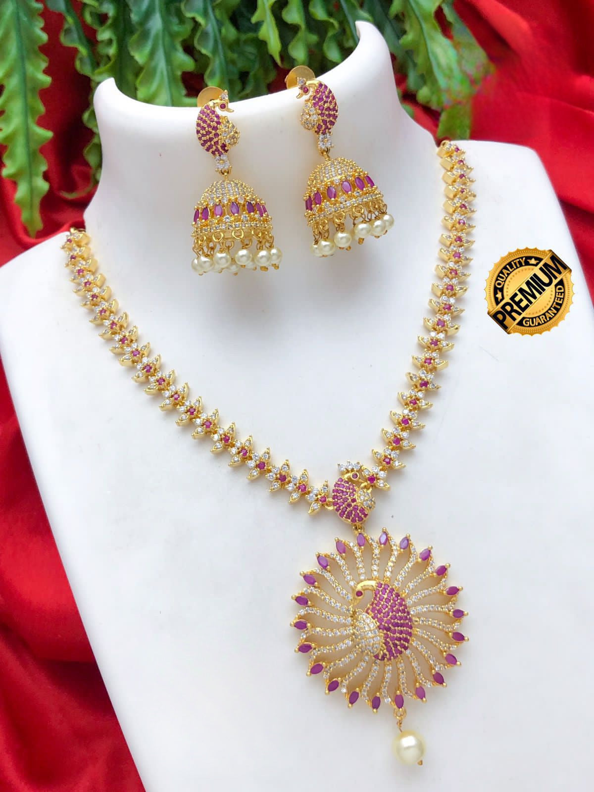 Gold plated American Diamond Dancing Peacock Pendant Necklace Jhumka Earring set|South Indian jewelry|AD necklace set| Ruby Emerald jewelry