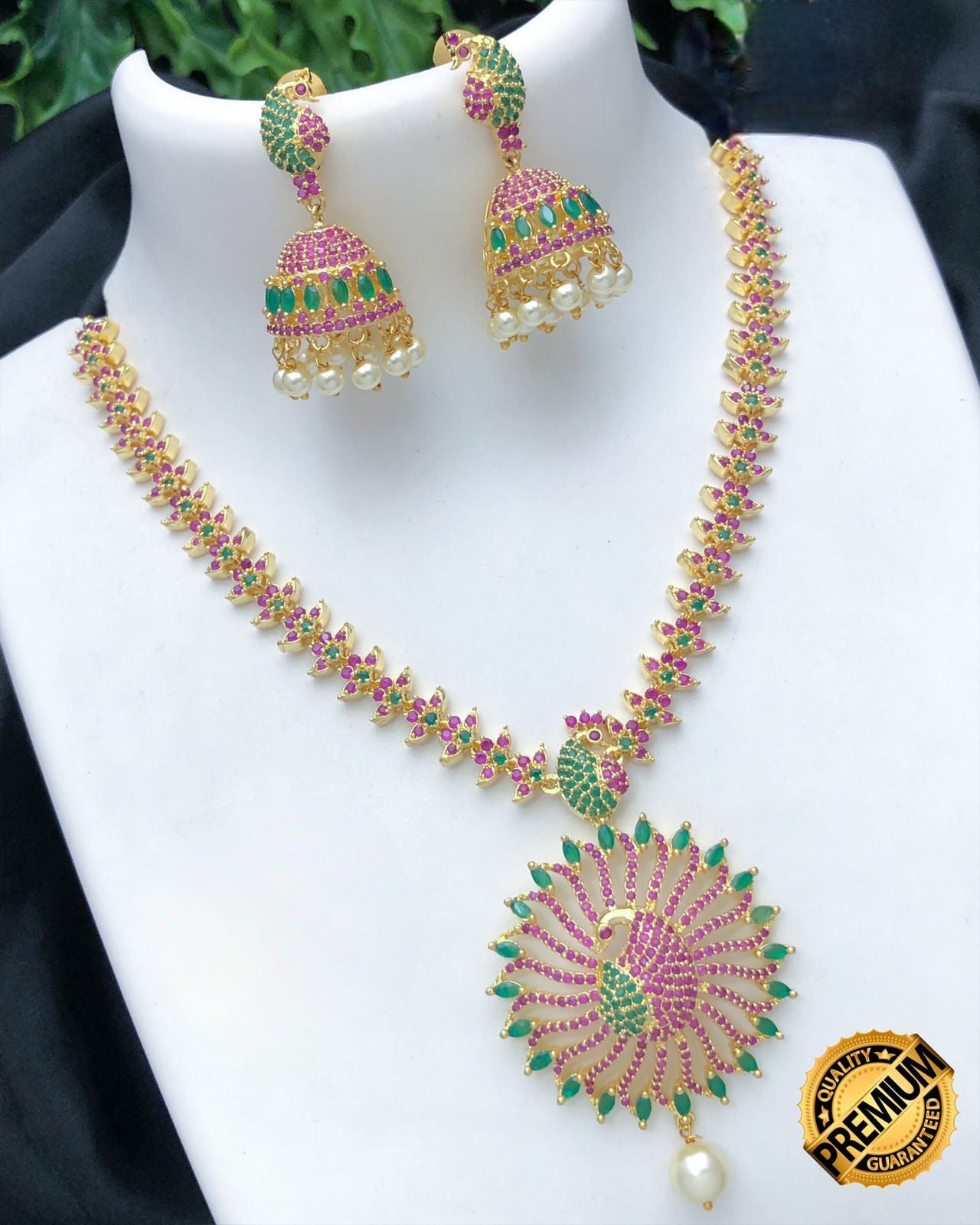 Gold plated American Diamond Dancing Peacock Pendant Necklace Jhumka Earring set|South Indian jewelry|AD necklace set| Ruby Emerald jewelry