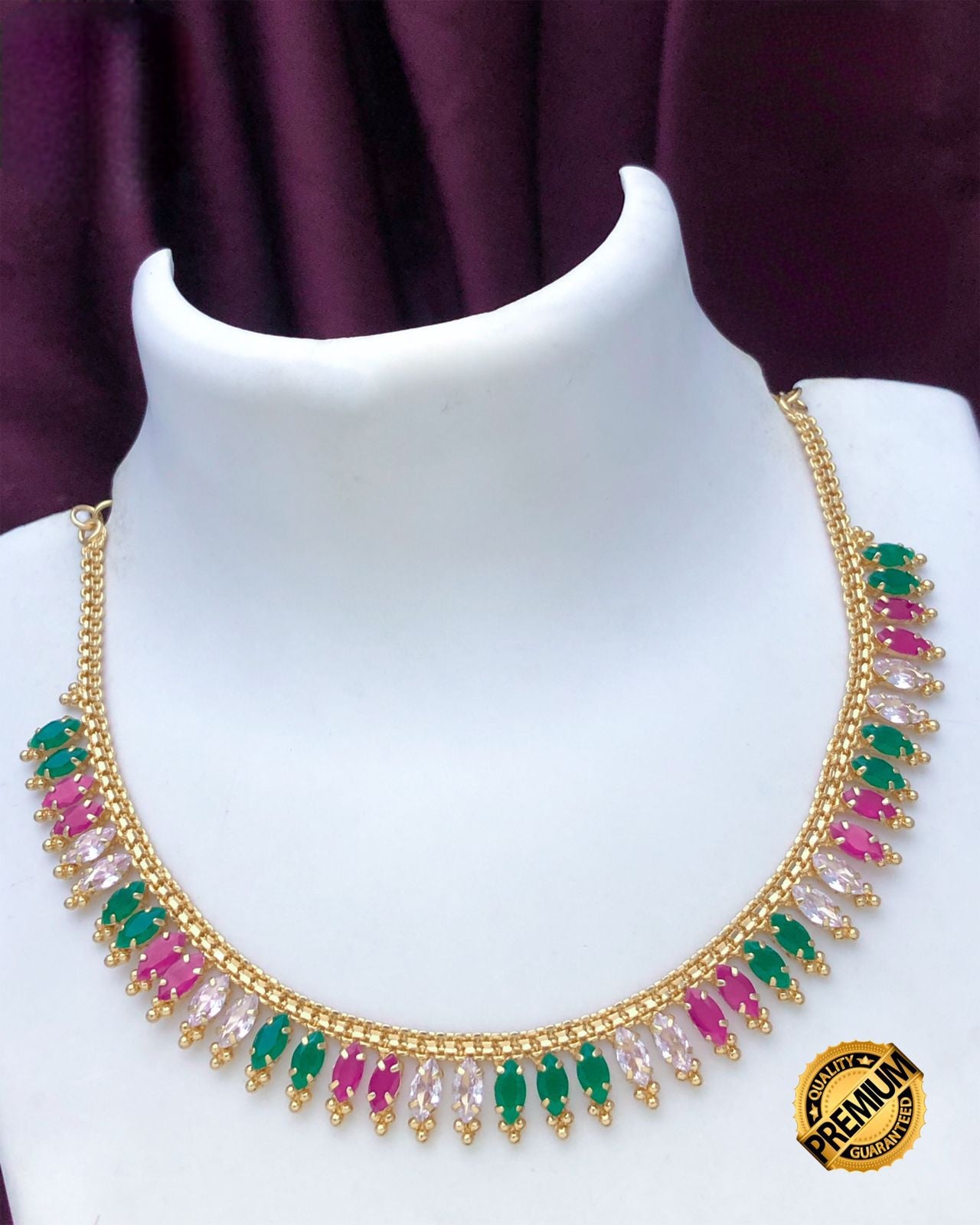 Emerald Ruby marquise cut CZ Diamond Gold plated simple choker necklace|American diamond cute and small  necklace set |Unique Design jewelry