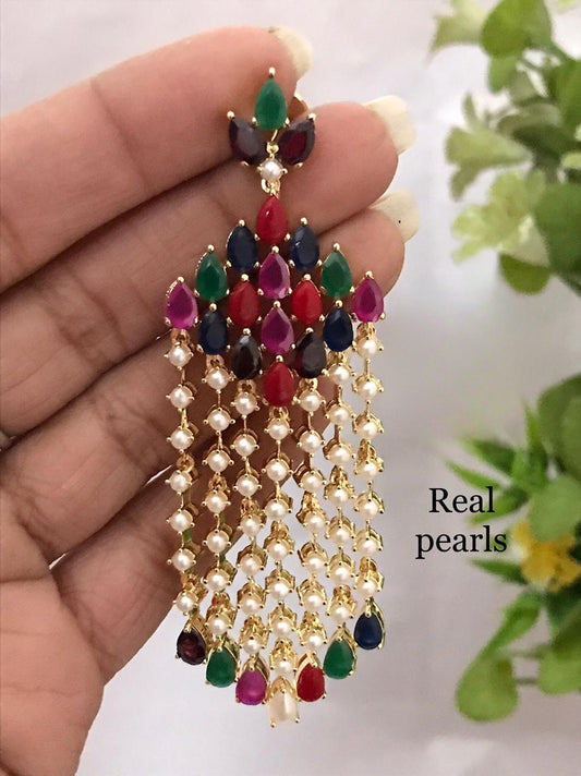 Multi strand Pearl Long Earrings studded with American Diamond Multi color stones and Tear drop CZ stones|Pearl Drop Earrings for Women|Gift For Her|Drop and dangle earrings