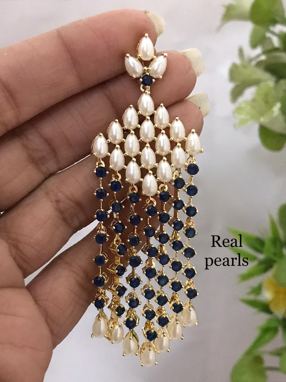Long Multi strand Pearl Earrings with American Diamond Sapphire blue stones