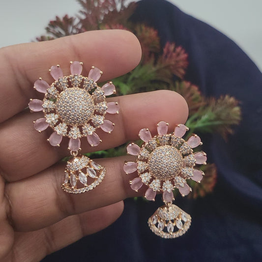 Rose Gold American Diamond Designer Earrings with Small Jhumka Drop
