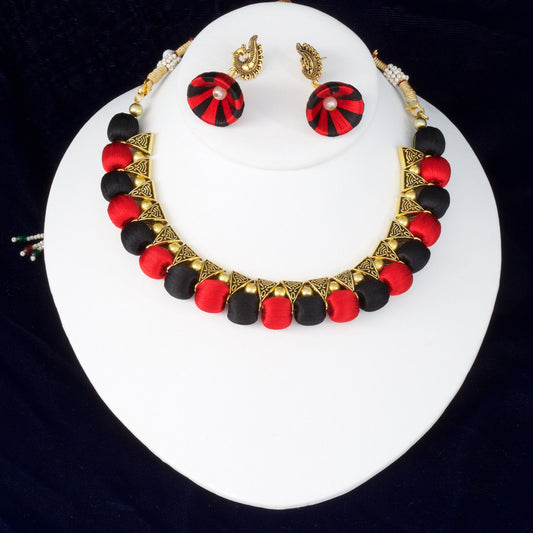 Silk Thread Jewelry Set Antique Choker Necklace and Matching Jhumka Earrings Combo in Red and Black Color Fashion Jewelry