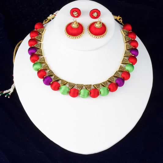 Silk Thread Jewelry Set Antique Choker Necklace and Matching Jhumka Earrings Combo in Red,Parrot Green and Purple Color