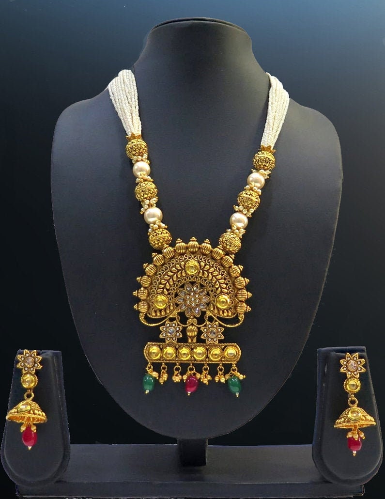 Gold Plated Pearl Beaded Big Pendant Necklace Jhumka Earrings bridal jewelry