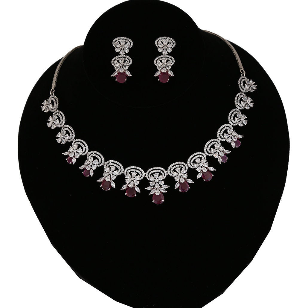 Floral Teardrop Art Deco White CZ Cubic Zirconia Necklace Earrings Jewelry|American Diamond Jewelry