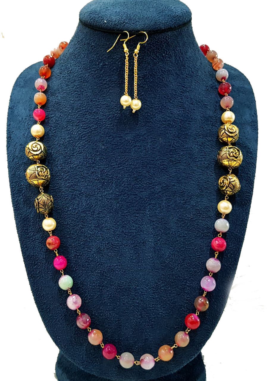 Gold plated Balls and Multicolor Beaded Single Strand Necklace Fashion Jewelry