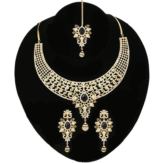 Floral Design CZ White Clear Collar Choker Necklace Earrings set with Maangtikka