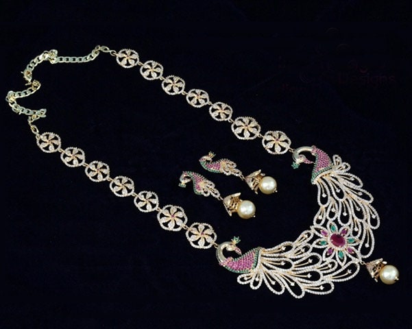 Peacock Designed Ruby,Emerald Rhinestone Long Chain Bridal Bollywood Necklace Wedding Jewelry