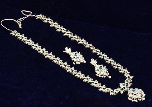 Grand American Diamond Long Necklace studded with emerald stones fashion party wear jewelry