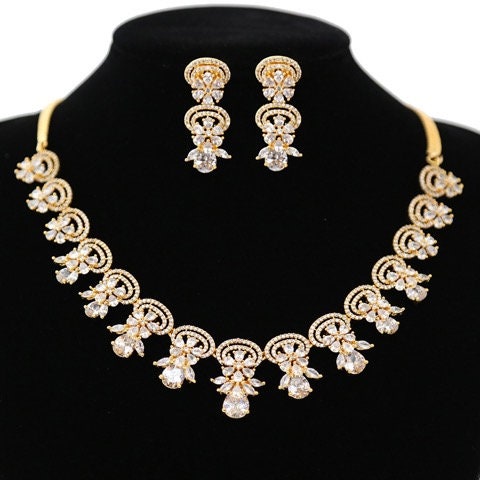 Luxury Fashion White Zircon Gold Plated Cubic Zirconia Bridal Flower T –  Indian Designs