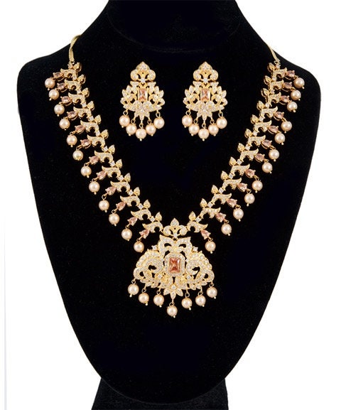 Stunning AD White Gold Plated Cubic Zirconia Bridal Indian Jewelry Wedding Necklace Set